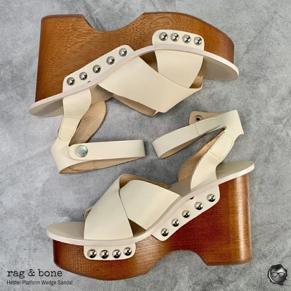 RAG & BONE HESTER LEATHER ANKLE-STRAP WEDGE PLATFORM SANDALS IN IVORY SIZE 9